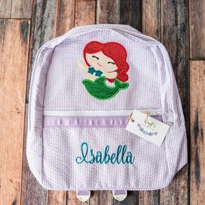 Monogrammed seersucker applique backpack
